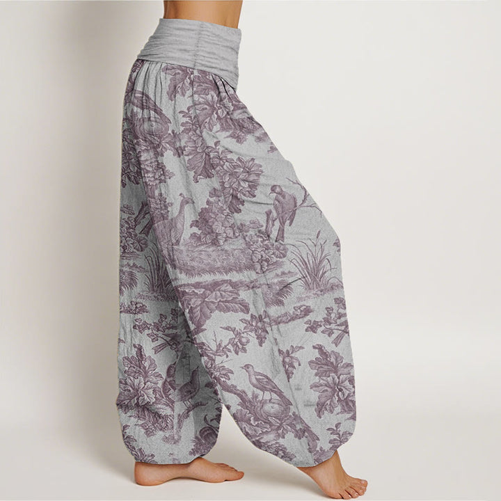 Haremshose mit Buddha Stones, reiner Baumwolle, Vögel, Bäume, Äste, Muster, elastische Taille für Damen