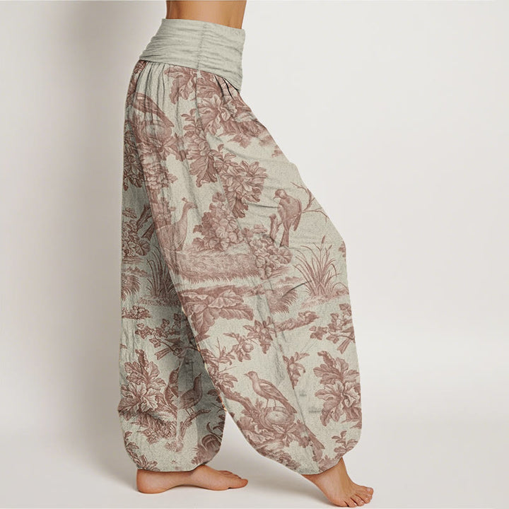 Haremshose mit Buddha Stones, reiner Baumwolle, Vögel, Bäume, Äste, Muster, elastische Taille für Damen