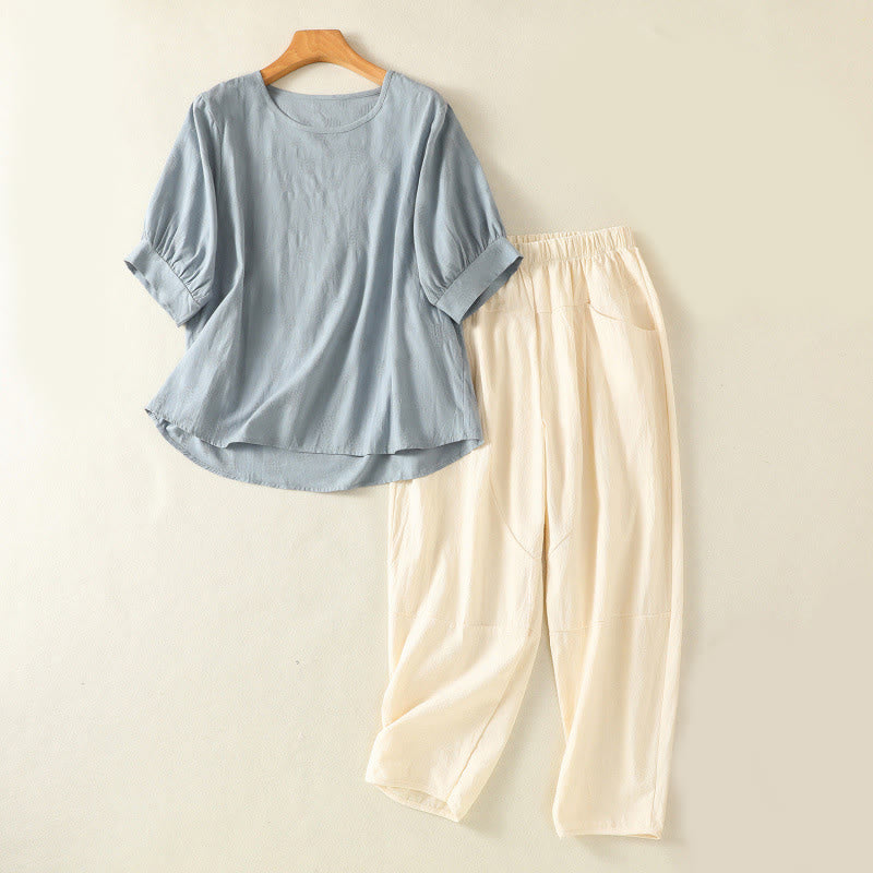 Buddha Stones 2-teiliges schlichtes Damen-Kurzarmhemd mit Haremshose und Meditationskleidungsset - Hellblau - US 8-10, UK/AU 12-14, EU 40-42 (2XL) - image 0