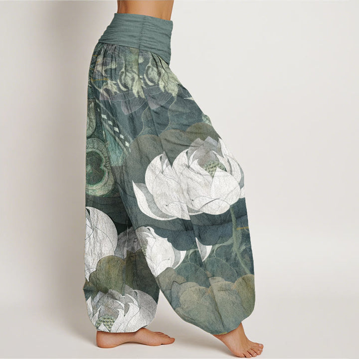 Buddha Stones Haremshose aus reiner Baumwolle mit weißem Lotusblatt-Muster, lässige Damen-Haremshose mit elastischer Taille