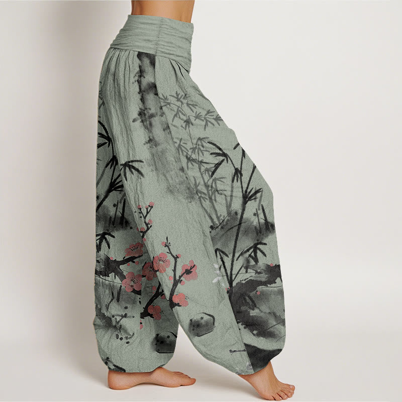 Buddha Stones, reine Baumwolle, Pflaumenblüten, Bambus, Orchideen, Chrysanthemen-Muster, Damen-Haremshose mit elastischer Taille