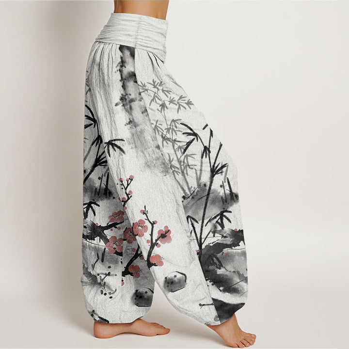 Buddha Stones, reine Baumwolle, Pflaumenblüten, Bambus, Orchideen, Chrysanthemen-Muster, Damen-Haremshose mit elastischer Taille