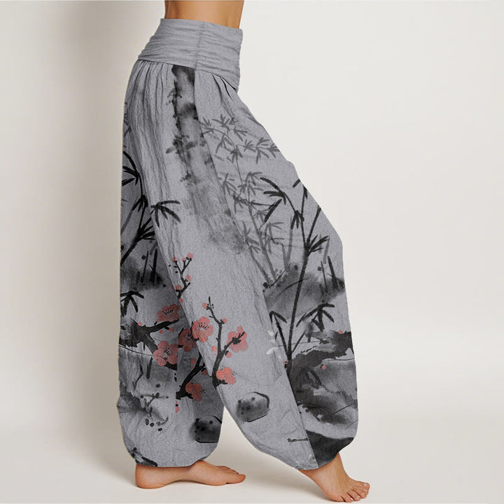 Buddha Stones, reine Baumwolle, Pflaumenblüten, Bambus, Orchideen, Chrysanthemen-Muster, Damen-Haremshose mit elastischer Taille
