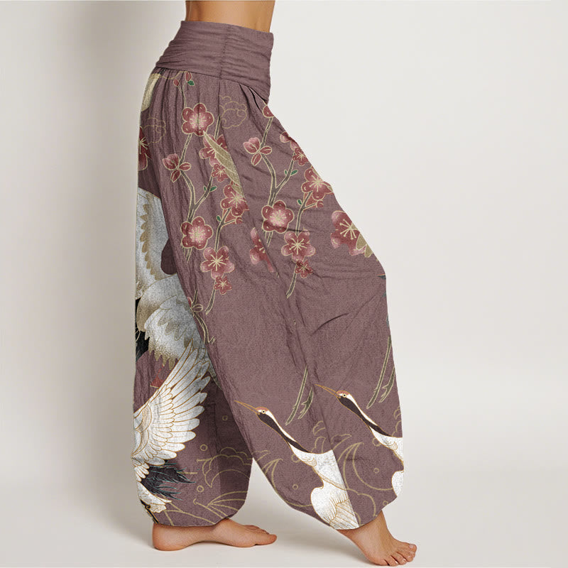 Haremshose für Damen mit elastischer Taille und Buddha Stones aus reiner Baumwolle, Kraniche, Blumen, glückverheißende Wolken