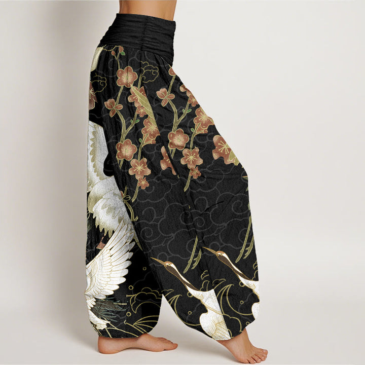 Haremshose für Damen mit elastischer Taille und Buddha Stones aus reiner Baumwolle, Kraniche, Blumen, glückverheißende Wolken