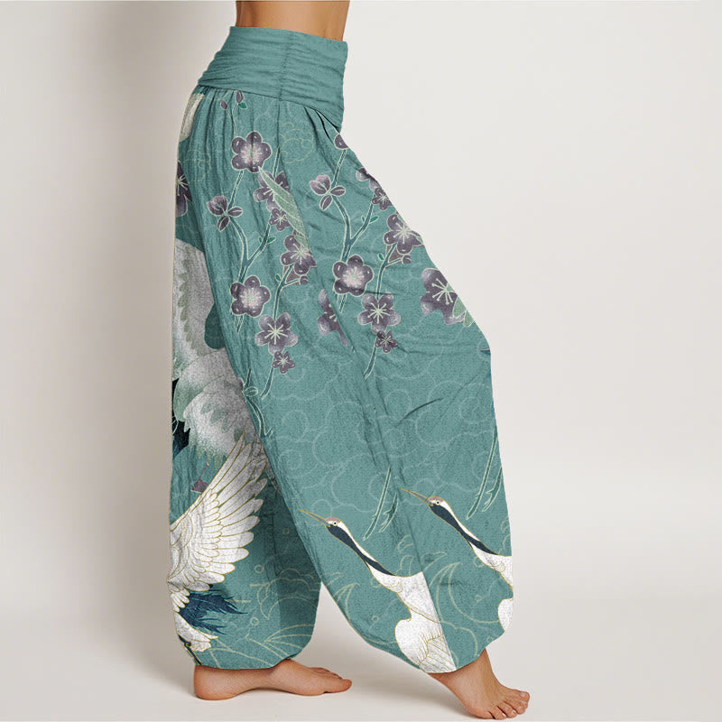 Haremshose für Damen mit elastischer Taille und Buddha Stones aus reiner Baumwolle, Kraniche, Blumen, glückverheißende Wolken