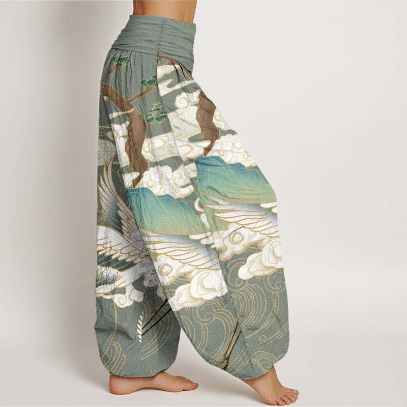 Buddha Stones, reine Baumwolle, fliegende Kraniche, glückverheißende Wolken, Baum, Damen-Haremshose mit elastischer Taille - image 7