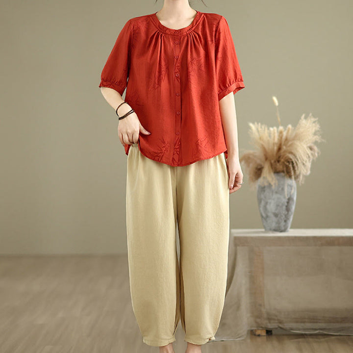 Buddha Stones 2-teiliges lässiges Damen-Kurzarmhemd mit Haremshose und Meditationskleidungsset - Rot - US12， UK/AU16，EU44 (2XL) - image 8