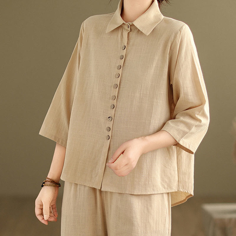 Buddha Stones 2-teiliges lässiges Damen-Set mit Stehkragen, Hemd und lockerer Hose, Meditationskleidung - image 5