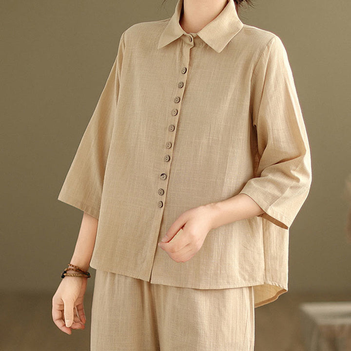 Buddha Stones 2-teiliges lässiges Damen-Set mit Stehkragen, Hemd und lockerer Hose, Meditationskleidung - image 5