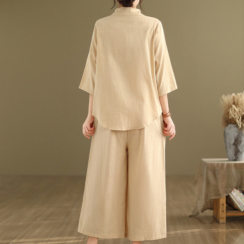 Buddha Stones 2-teiliges lässiges Damen-Set mit Stehkragen, Hemd und lockerer Hose, Meditationskleidung - image 4