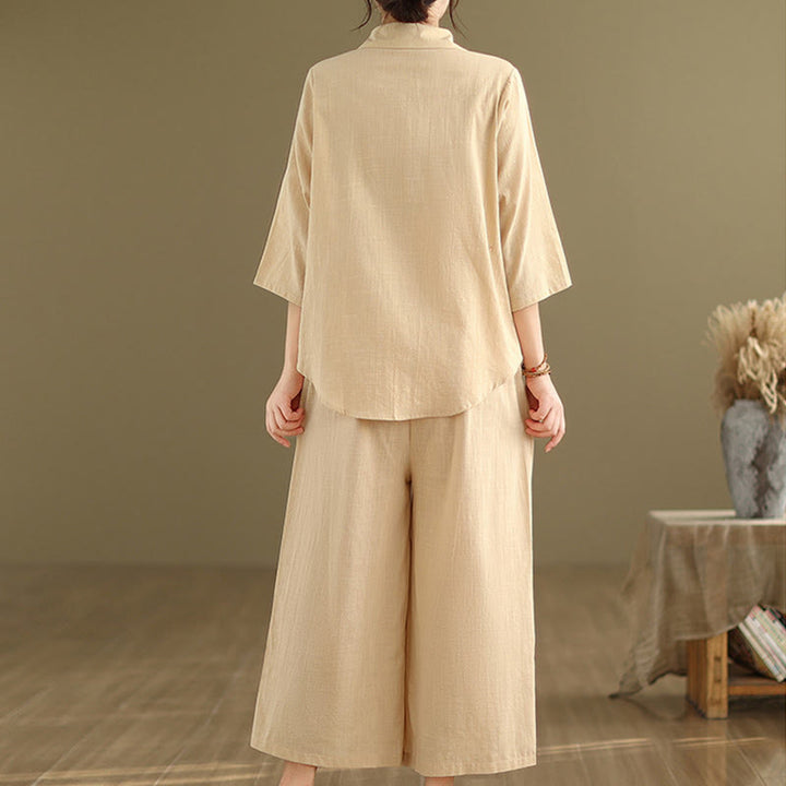 Buddha Stones 2-teiliges lässiges Damen-Set mit Stehkragen, Hemd und lockerer Hose, Meditationskleidung - image 4