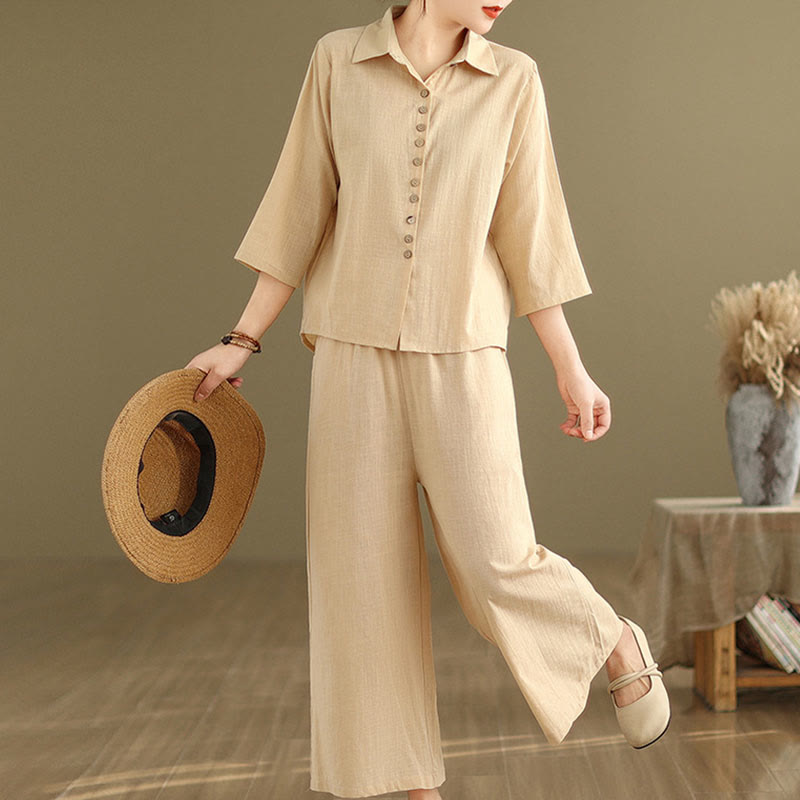 Buddha Stones 2-teiliges lässiges Damen-Set mit Stehkragen, Hemd und lockerer Hose, Meditationskleidung - image 2