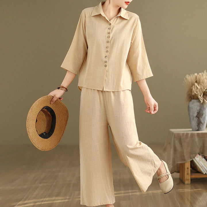 Buddha Stones 2-teiliges lässiges Damen-Set mit Stehkragen, Hemd und lockerer Hose, Meditationskleidung - image 2