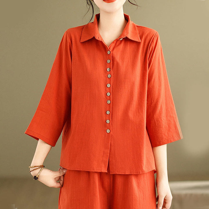 Buddha Stones 2-teiliges lässiges Damen-Set mit Stehkragen, Hemd und lockerer Hose, Meditationskleidung - image 15