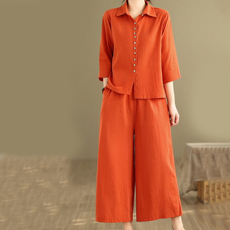 Buddha Stones 2-teiliges lässiges Damen-Set mit Stehkragen, Hemd und lockerer Hose, Meditationskleidung - image 9