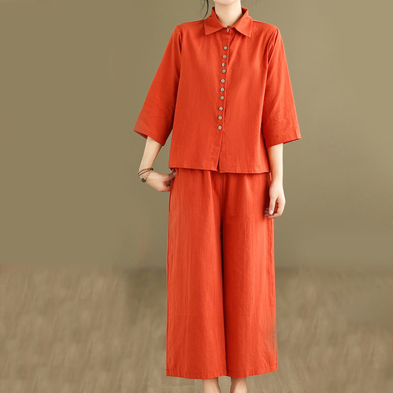 Buddha Stones 2-teiliges lässiges Damen-Set mit Stehkragen, Hemd und lockerer Hose, Meditationskleidung - Orangerot - US12, UK/AU16, EU44 (2XL) - image 7