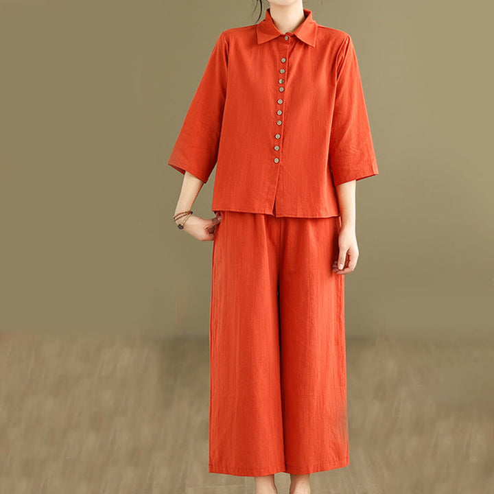 Buddha Stones 2-teiliges lässiges Damen-Set mit Stehkragen, Hemd und lockerer Hose, Meditationskleidung - Orangerot - US12, UK/AU16, EU44 (2XL) - image 7
