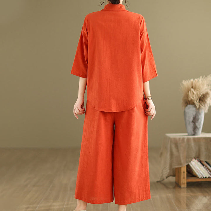 Buddha Stones 2-teiliges lässiges Damen-Set mit Stehkragen, Hemd und lockerer Hose, Meditationskleidung - image 11