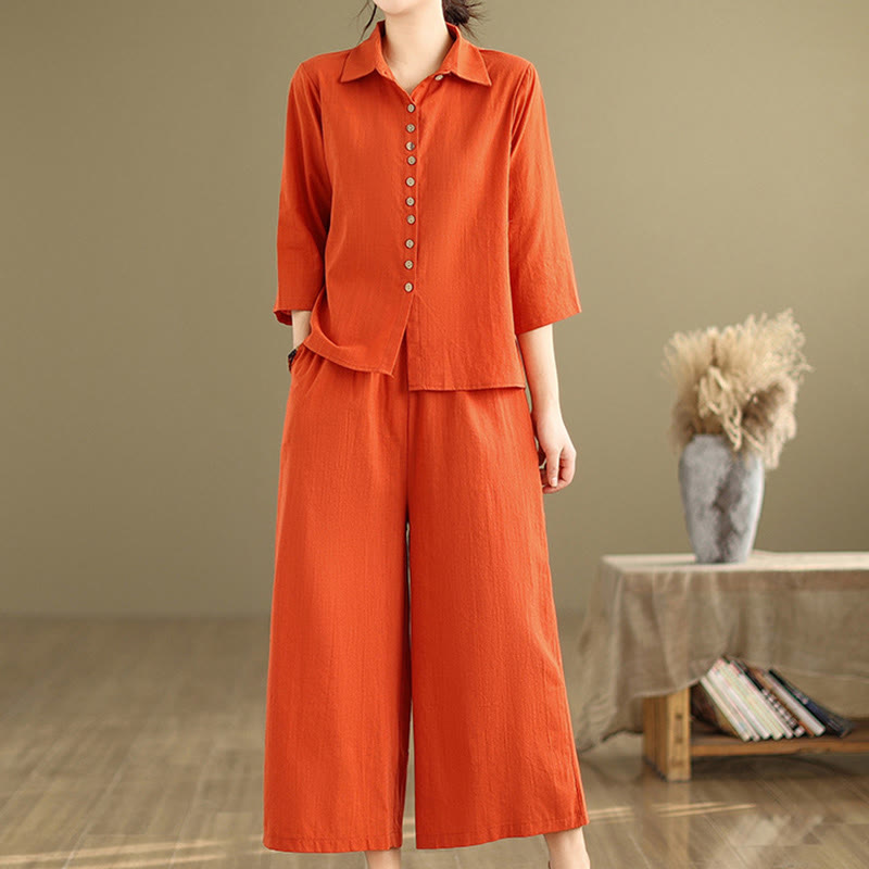 Buddha Stones 2-teiliges lässiges Damen-Set mit Stehkragen, Hemd und lockerer Hose, Meditationskleidung - image 10