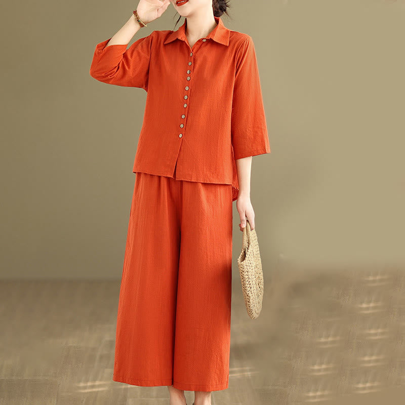 Buddha Stones 2-teiliges lässiges Damen-Set mit Stehkragen, Hemd und lockerer Hose, Meditationskleidung - image 8