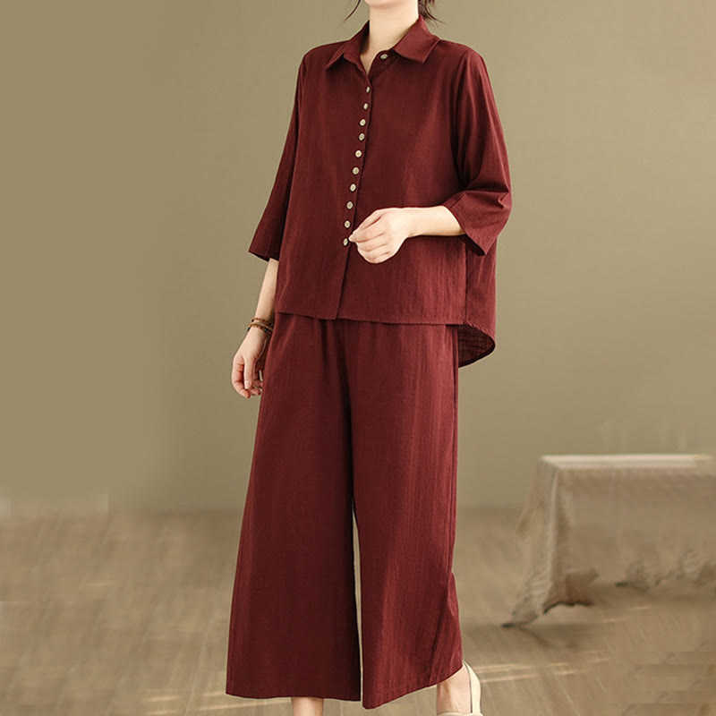 Buddha Stones 2-teiliges lässiges Damen-Set mit Stehkragen, Hemd und lockerer Hose, Meditationskleidung - image 23