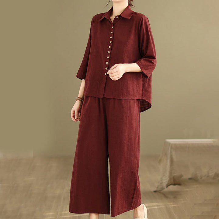 Buddha Stones 2-teiliges lässiges Damen-Set mit Stehkragen, Hemd und lockerer Hose, Meditationskleidung - image 23