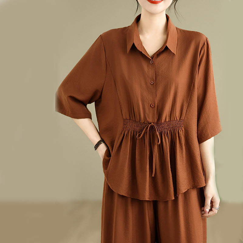 Buddha Stones 2-teiliges lässiges Damen-Set mit Stehkragen, Hemd und lockerer Hose, Meditationskleidung - image 3