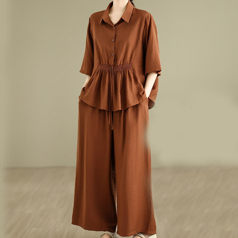 Buddha Stones 2-teiliges lässiges Damen-Set mit Stehkragen, Hemd und lockerer Hose, Meditationskleidung - image 1