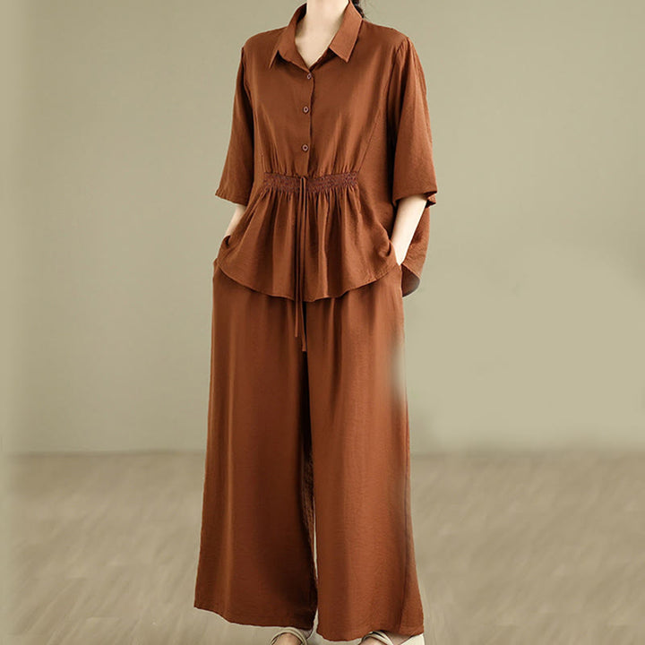 Buddha Stones 2-teiliges lässiges Damen-Set mit Stehkragen, Hemd und lockerer Hose, Meditationskleidung - image 1