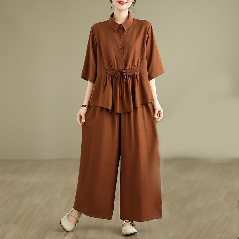 Buddha Stones 2-teiliges lässiges Damen-Set mit Stehkragen, Hemd und lockerer Hose, Meditationskleidung - Sienna - US12， UK/AU16，EU44 (2XL) - image 1