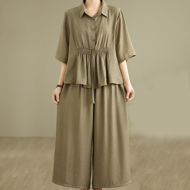 Buddha Stones 2-teiliges lässiges Damen-Set mit Stehkragen, Hemd und lockerer Hose, Meditationskleidung - DunkelKhaki - US12， UK/AU16，EU44 (2XL) - image 13