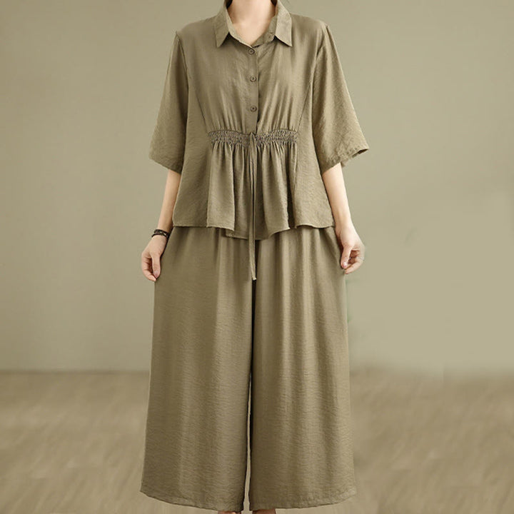 Buddha Stones 2-teiliges lässiges Damen-Set mit Stehkragen, Hemd und lockerer Hose, Meditationskleidung - DunkelKhaki - US12， UK/AU16，EU44 (2XL) - image 13