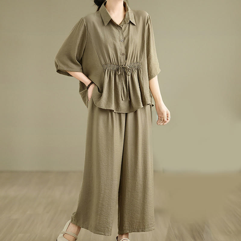 Buddha Stones 2-teiliges lässiges Damen-Set mit Stehkragen, Hemd und lockerer Hose, Meditationskleidung - image 17