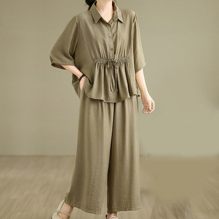 Buddha Stones 2-teiliges lässiges Damen-Set mit Stehkragen, Hemd und lockerer Hose, Meditationskleidung - image 17