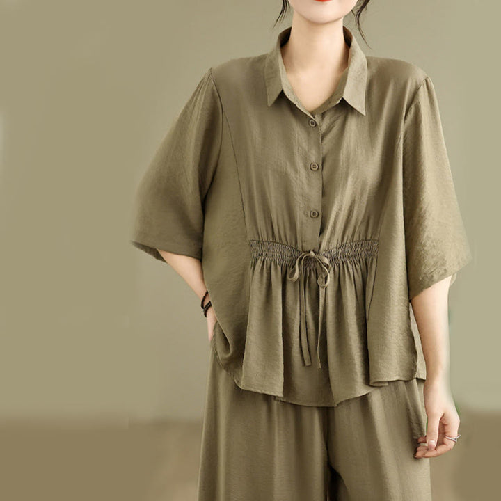 Buddha Stones 2-teiliges lässiges Damen-Set mit Stehkragen, Hemd und lockerer Hose, Meditationskleidung - image 16