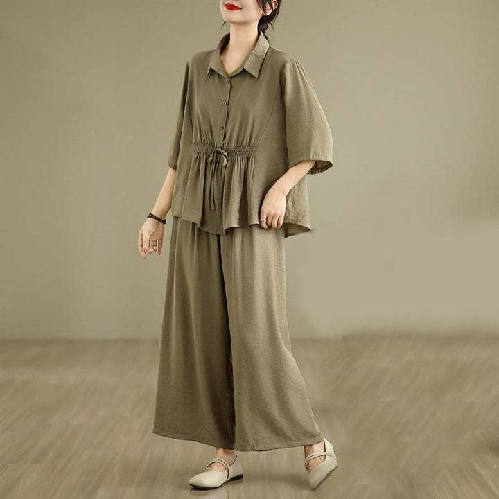 Buddha Stones 2-teiliges lässiges Damen-Set mit Stehkragen, Hemd und lockerer Hose, Meditationskleidung - image 15