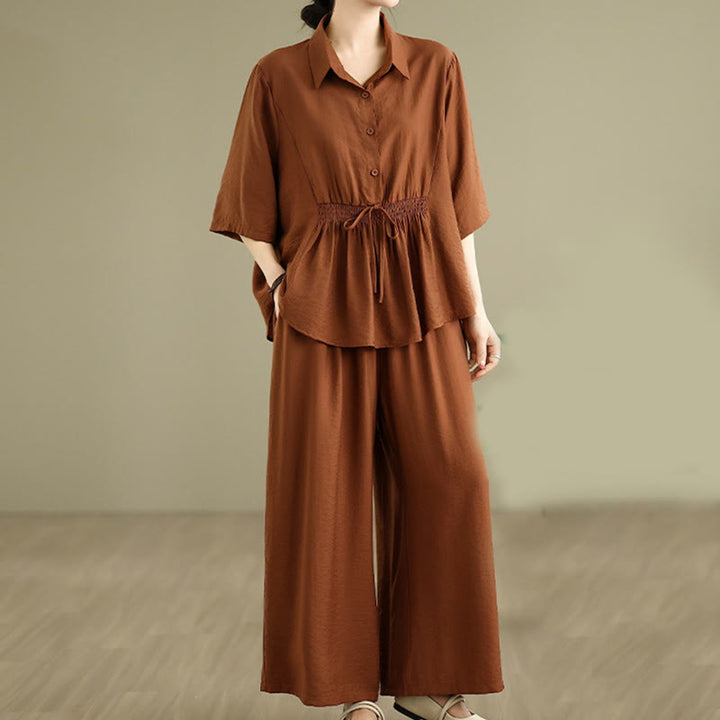 Buddha Stones 2-teiliges lässiges Damen-Set mit Stehkragen, Hemd und lockerer Hose, Meditationskleidung - image 11