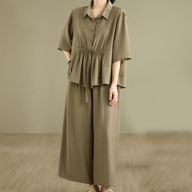 Buddha Stones 2-teiliges lässiges Damen-Set mit Stehkragen, Hemd und lockerer Hose, Meditationskleidung - image 13