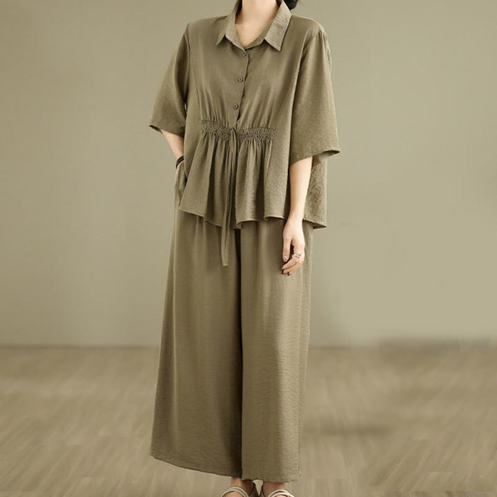 Buddha Stones 2-teiliges lässiges Damen-Set mit Stehkragen, Hemd und lockerer Hose, Meditationskleidung - image 13