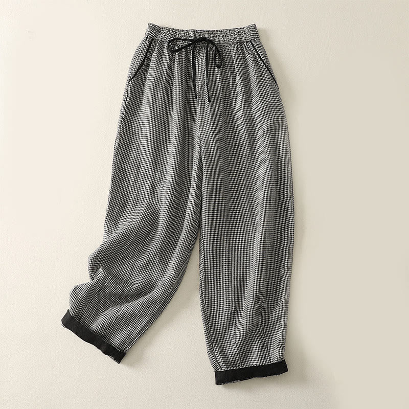 Buddha Stones Karomuster Kordelzug Damen Haremshose aus Baumwolle und Leinen mit Taschen - Schwarz - US 8-10, UK/AU 12-14, EU 40-42 (2XL) - image 0