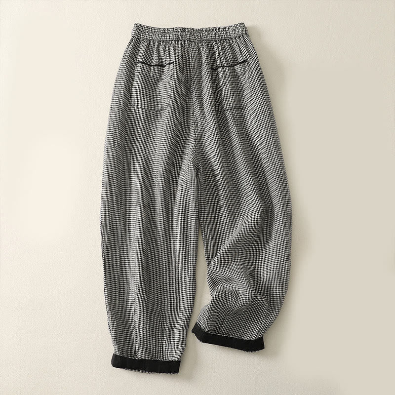 Buddha Stones Karomuster Kordelzug Damen Haremshose aus Baumwolle und Leinen mit Taschen - image 1