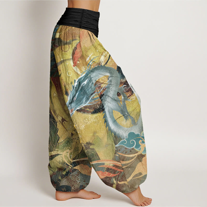 Haremshose aus reiner Baumwolle mit Buddha Stones und Drachen-Muster, glückverheißenden Wolken, elastischer Bund für Damen