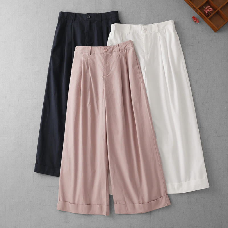 Buddha Stones Lässige, schlichte Damenhose aus Polyester mit hoher Taille, Länge 7–8, weites Bein, mit Taschen - image 18