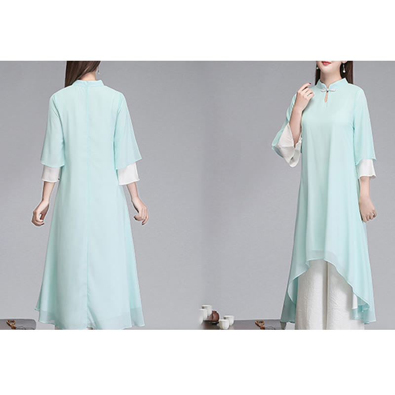 Buddha Stones Solid Damen Chiffon-Hemdkleid mit Dreiviertelärmeln und unregelmäßigem Schnitt, weite Hose, Meditationskleidung