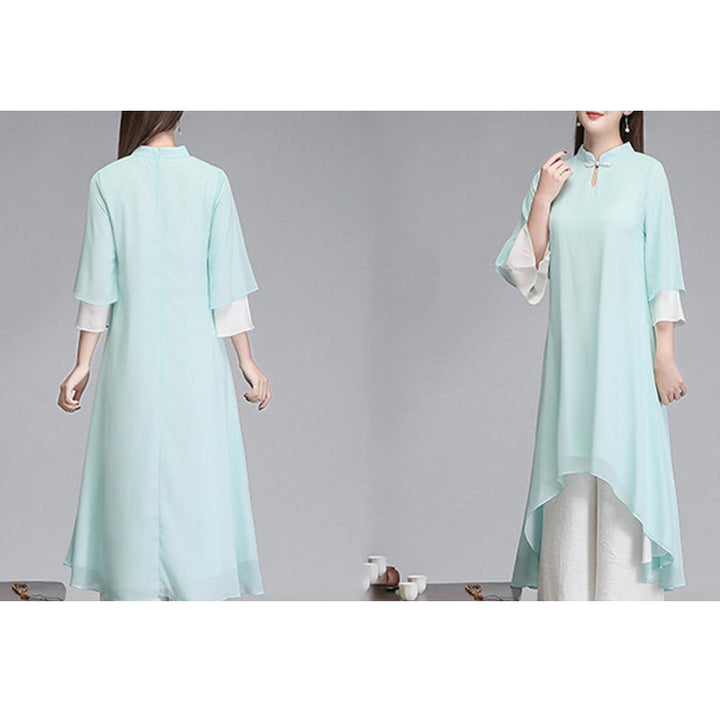 Buddha Stones Solid Damen Chiffon-Hemdkleid mit Dreiviertelärmeln und unregelmäßigem Schnitt, weite Hose, Meditationskleidung