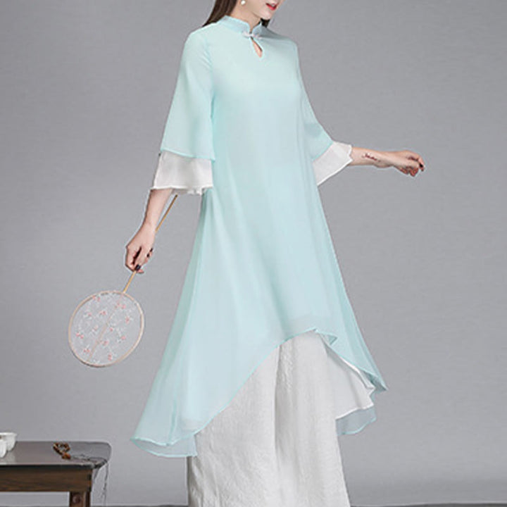 Buddha Stones Solid Damen Chiffon-Hemdkleid mit Dreiviertelärmeln und unregelmäßigem Schnitt, weite Hose, Meditationskleidung