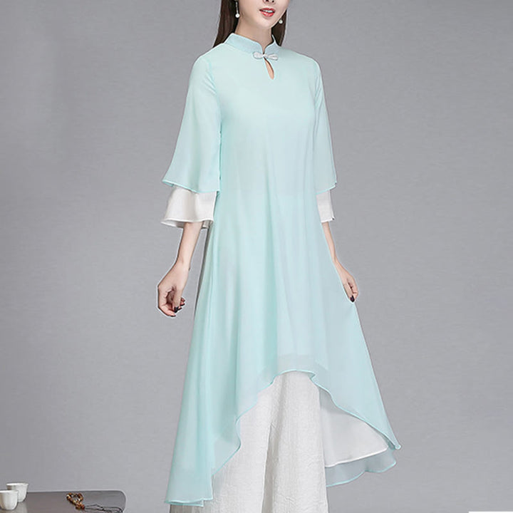 Buddha Stones Solid Damen Chiffon-Hemdkleid mit Dreiviertelärmeln und unregelmäßigem Schnitt, weite Hose, Meditationskleidung