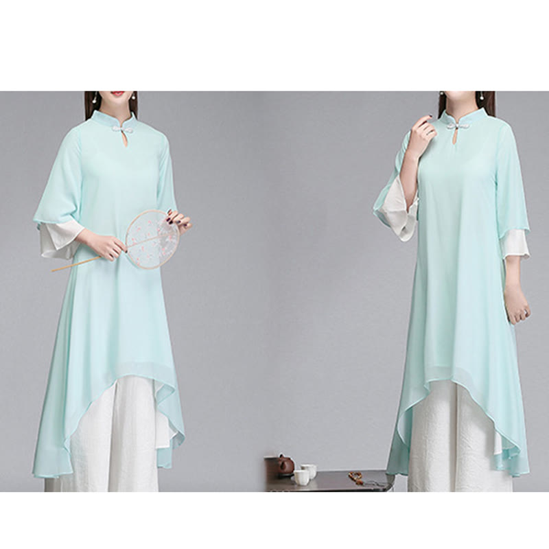 Buddha Stones Solid Damen Chiffon-Hemdkleid mit Dreiviertelärmeln und unregelmäßigem Schnitt, weite Hose, Meditationskleidung