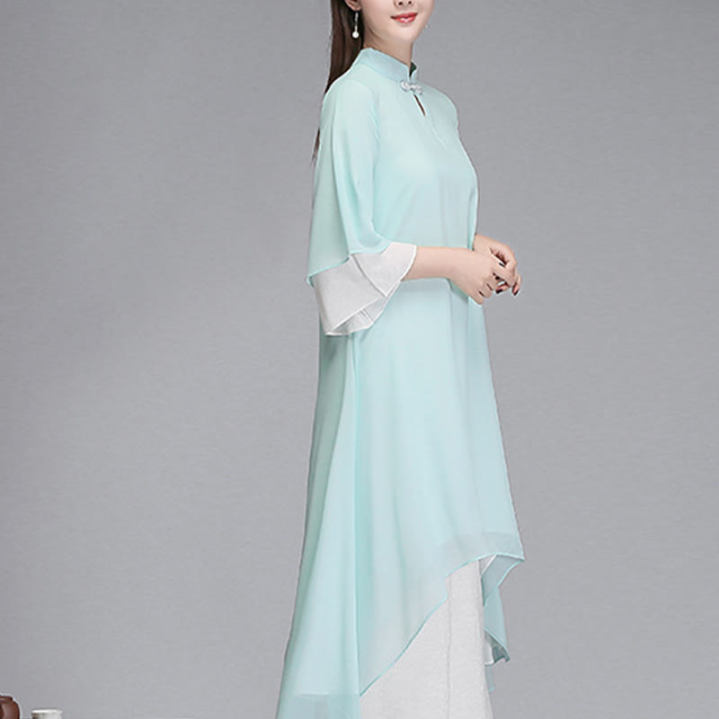 Buddha Stones Solid Damen Chiffon-Hemdkleid mit Dreiviertelärmeln und unregelmäßigem Schnitt, weite Hose, Meditationskleidung